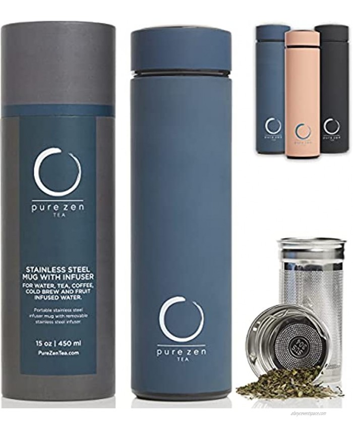 Pure Zen Tea Thermos with Infuser Stainless Steel Insulated Tea Infuser Tumbler for Loose Leaf Tea Iced Coffee and Fruit-Infused Water Leakproof Tea Tumbler with Infuser 15oz Blue
