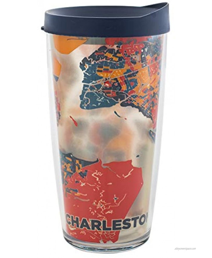 Signature Tumblers Charleston SC Grid Map Wrap on Clear 16 Ounce Double-Walled Travel Tumbler Mug with Navy Blue Easy Sip Lid