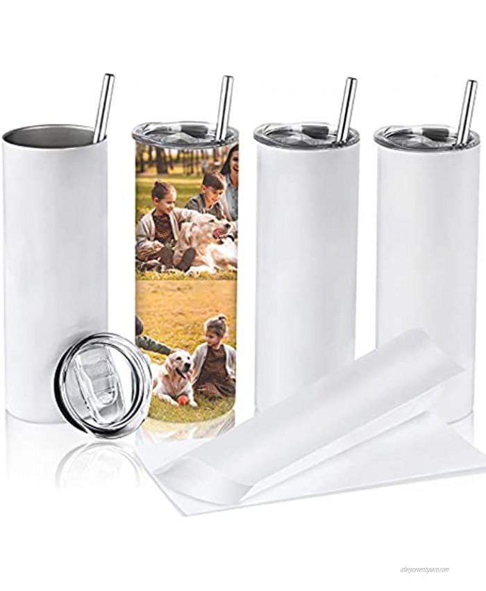 D·S Sublimation Tumblers Blank 20 oz Skinny Stainless Steel Insulated Tumblers with Straw Lid Brush and Shrink Wrap,4 pack white