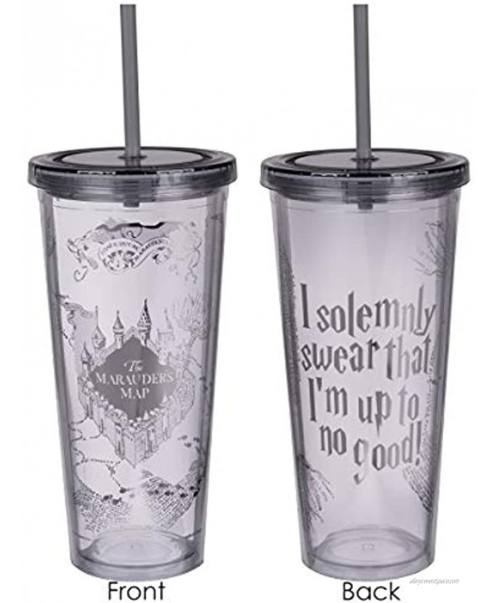 Harry Potter Marauder's Map Travel Cup with Straw I Solemnly Swear That I Am Up to No Good Acrylic Tumbler with Silver Design 22 oz