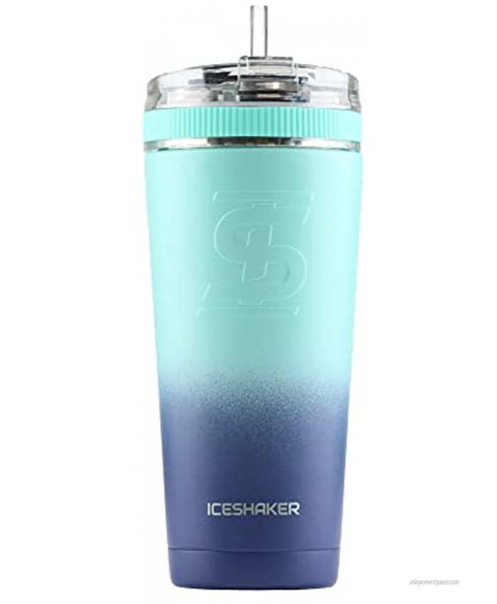 Ice Shaker 26oz Stainless Steel Tumbler as seen on Shark Tank | Vacuum Insulated Bottle with Flex Lid and Straw for Hot and Cold Drinks Navy Mint | Gronk Shaker