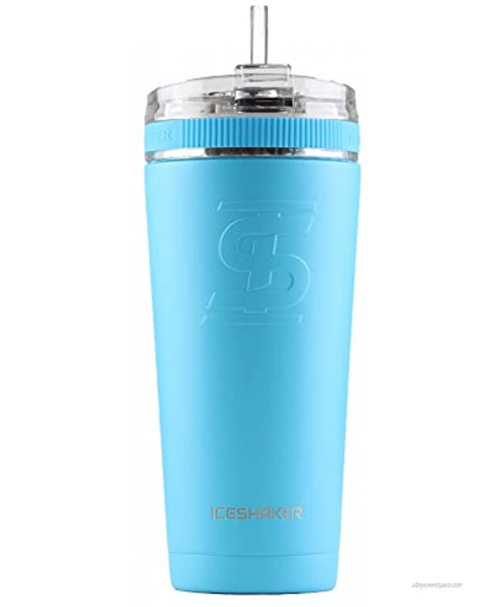 Ice Shaker 26oz Stainless Steel Tumbler as seen on Shark Tank | Vacuum Insulated Bottle with Flex Lid and Straw for Hot and Cold Drinks Carribean Blue | Gronk Shaker