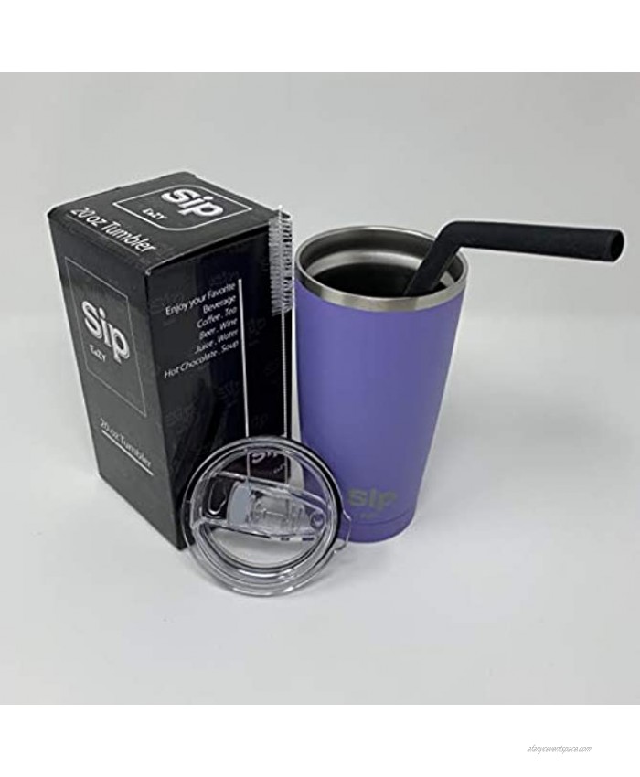 PURPLE 20OZ Perfect Size INSULATED DRINK MUG TUMBLER & SPILL PROOF LID WINE BEER COFFEE TEA & Much More HOT for up to 6 Hours or cold for 24 HOURS FREE Silicone Straw & Straw Cleaning Brush -