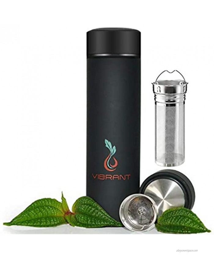 Vibrant All in ONE Travel Mug Tea Infuser Bottle Insulated HOT Coffee Thermos Cold Fruit Infused Water Flask Food Grade Leak Proof Tumbler Double Wall Stainless Steel 16.9 oz