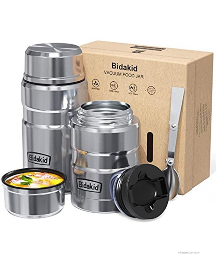Bidakid Thermoses for Hot Food 2 Pack Stainless Steel Thermoses Containers with Lid Vacuum and Folding Spoon Insulated Lunch Jar for Hot Cold Food Soup for Kids and Adults 25.4oz+17oz…
