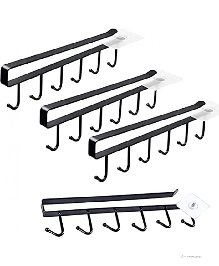 Adhesive Cup Holder Under Cabinet,4 Pack 6 Hook Coffee Cup Mug Holder Hanger Kitchen Utensil Hooks Fit for 1 Inch Thickness Shelf or Less Black