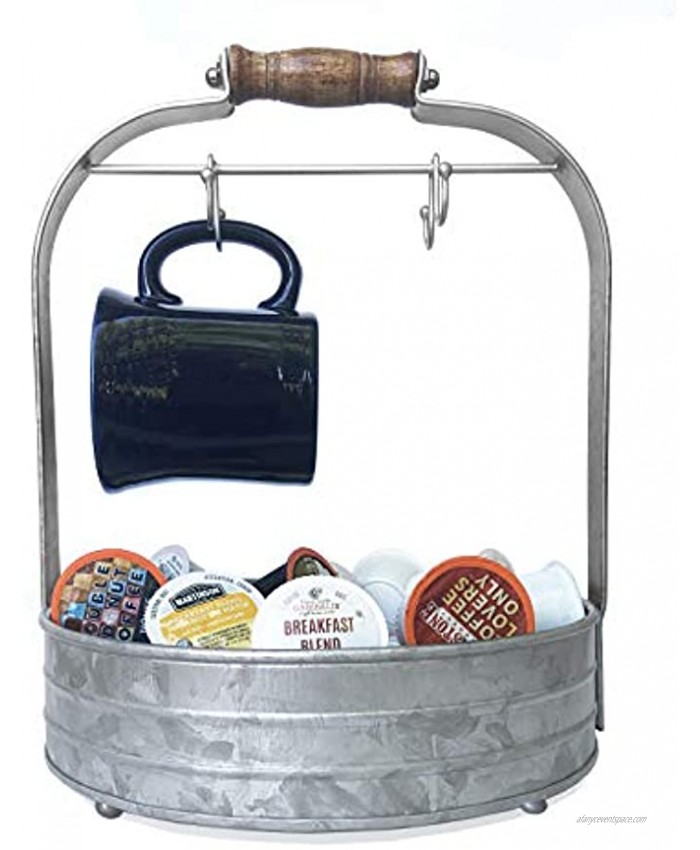 Autumn Alley Rustic Galvanized Coffee Mug Rack Organizer for Kitchen Counter | Mug Tree with Cup Hooks and Basket for Storage of k Cups and Accessories | Perfect for Coffee Bar
