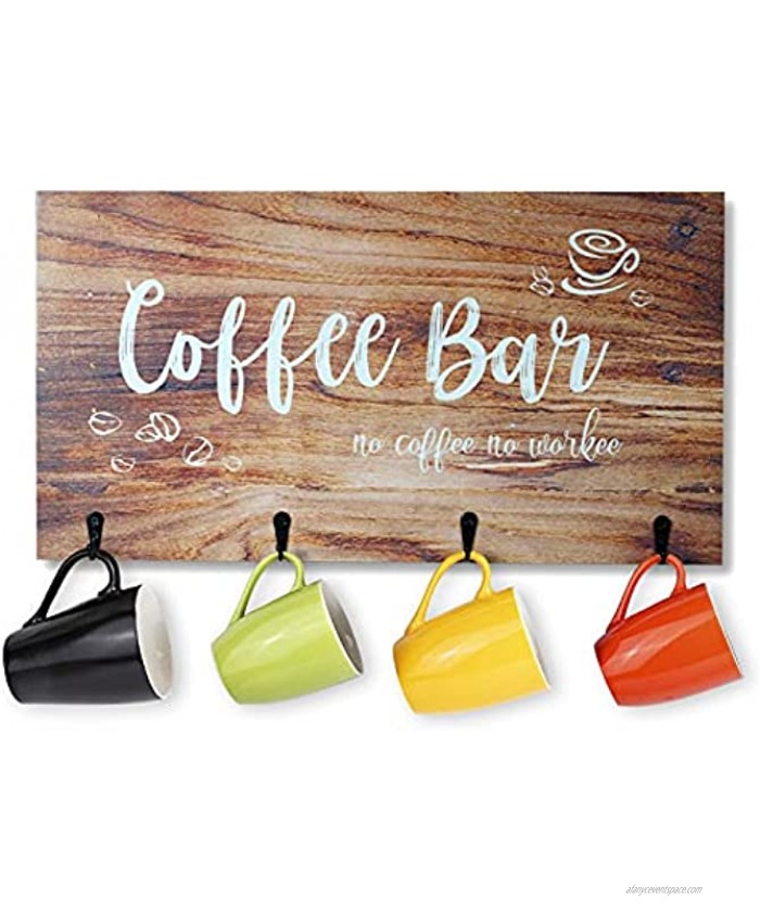 Coffee Bar Decor with 2 Wall Stickers Wall Mounted Rustic Coffee Mug Holder Wood Coffee Mug Rack with Coffee Sign 4 Cup Hooks Cup Organizer for Kitchen BarBrown