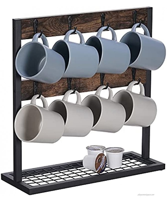 Coffee Mug Holder Stand Countertop 2 Tier Rustic Wood Coffee Cup Holder Stand with Metal Mesh Storage Display Shelf Mug Tree Rack Holder Holds 16 Mugs Retro Brown