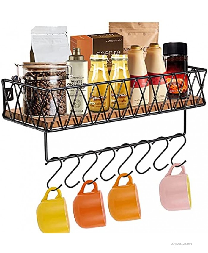 Coffee Mug Holder Wall Mounted Coffee Mug Rack Rustic Wood Coffee Cup Organizer with 8 Hooks Kitchen Spice Rack with Towel Bar Bathroom Floating Shelves for Organize Kitchen Utensils Hooks Hanger