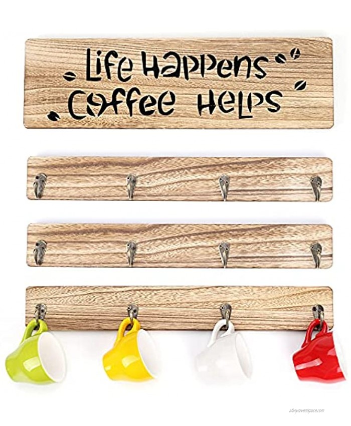 Life Happens Coffee Helps Coffee Mug Holder Wall Mounted Coffee Cup Wall Rack Rustic Vintage Coffee Cup Holders for Counter Coffee Mug Shelf 12 Coffee Mug Hanger for Home