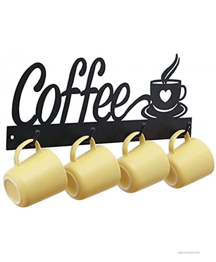 Wall-Mounted Metal Coffee Cup Holder-Wall-Mounted Coffee Cup Holder with 4 Hooks Hanging Cup Holder Mug Cup Holder Coffee Sign for Coffee Shop Kitchen or Cafe Decoration Black