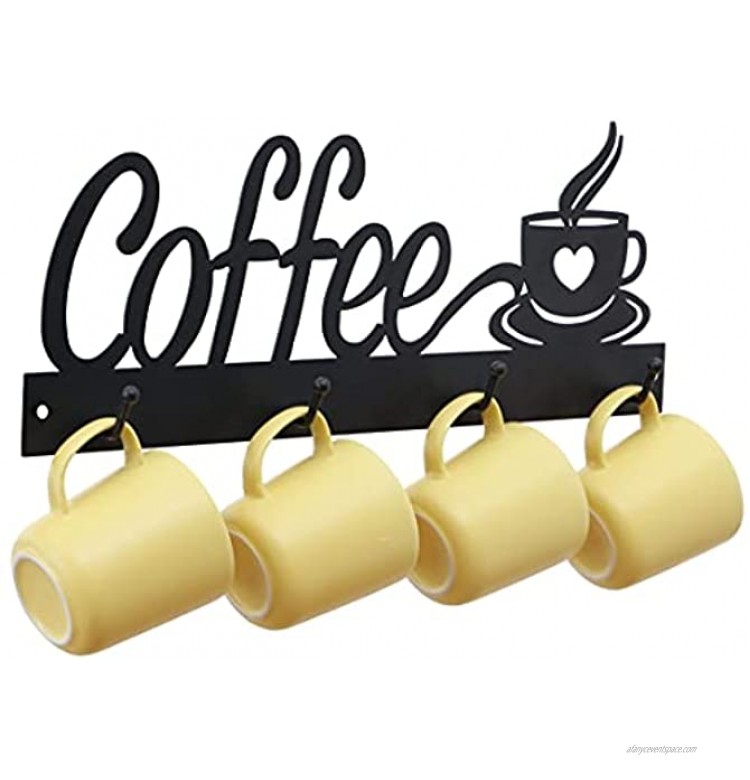Wall-Mounted Metal Coffee Cup Holder-Wall-Mounted Coffee Cup Holder with 4 Hooks Hanging Cup Holder Mug Cup Holder Coffee Sign for Coffee Shop Kitchen or Cafe Decoration Black