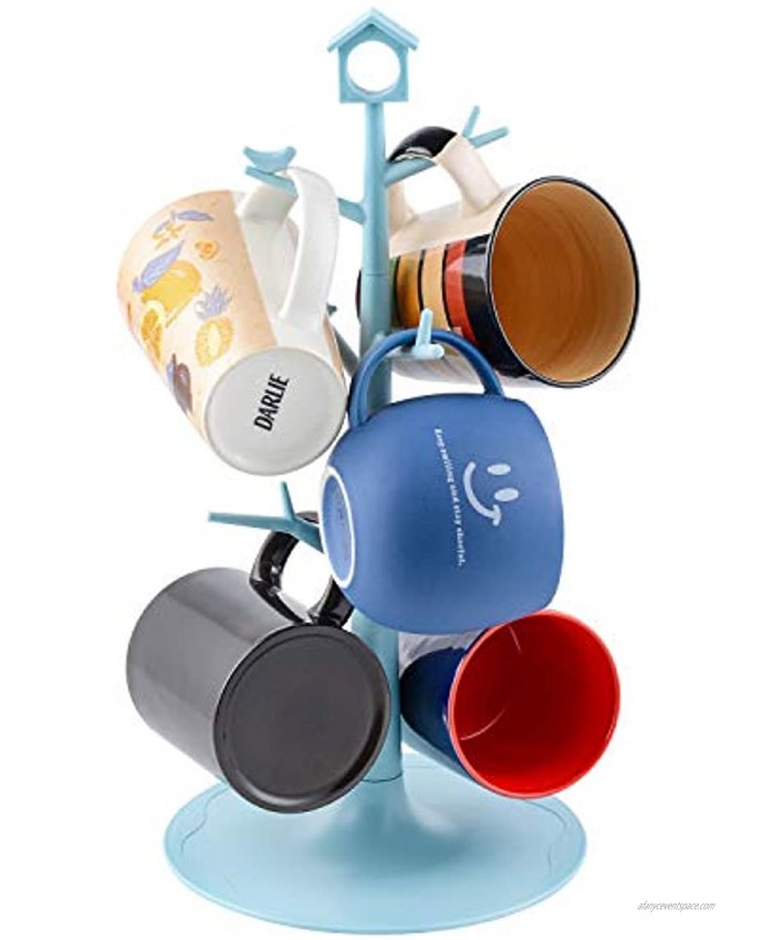 World Backyard 6 Mugs Holder Tree Cups Hanging Stand Blue with Bird & House Sign