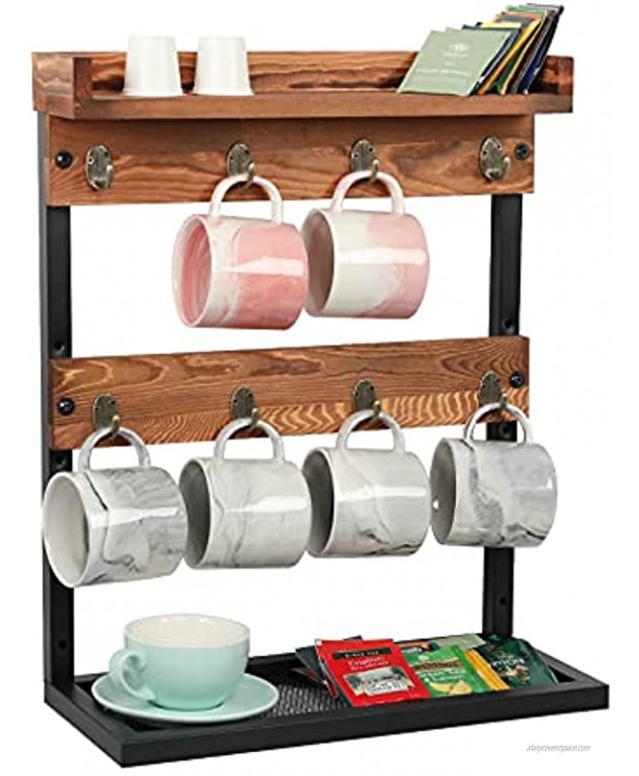 X-cosrack Countertop Coffee Mug Holder Rack 2 Tier Wall Mount Coffee Cup Holder Stand with 8 Hooks and Storage Shelf,Display Organizer Rack for Home Kitchen Rustic Brown