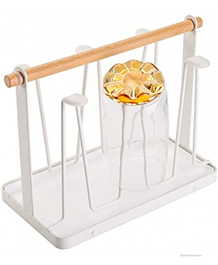 Yarlung Cup Drying Rack Stand with 6 Hooks and Drain Tray Non-Slip Metal Bottle Drying Holder Organizer for Coffee Mugs Tea Cups Drink Glasses White Coated Rubber Protection Wood Handle
