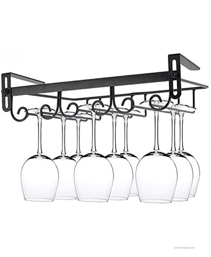 Nail Free Wine Glass Rack Under Cabinet Hanging Stemware Rack Metal Wine Glass Holder Under Shelf for Bar Kitchen Black 3 rows