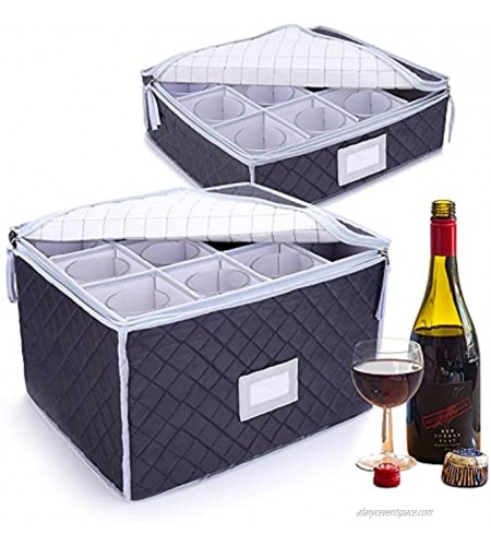 2Pcs Stemware Storage Cases Deluxe Quilted Wine Glass Storage Box with Dividers Hold 12 Glasses Great for Champagne Flutes Coffee Cups Tea Mugs Goblets Crystal Glassware Grey