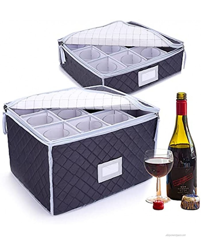 2Pcs Stemware Storage Cases Deluxe Quilted Wine Glass Storage Box with Dividers Hold 12 Glasses Great for Champagne Flutes Coffee Cups Tea Mugs Goblets Crystal Glassware Grey