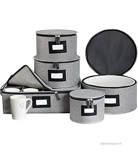 China Storage Containers Box Set for Dinnerware,Hard Shell and Stackable Dishes Mugs Storage with Lable Window for Saucers Dinner and Salad Plates Protects,48Pcs Felt Plate Dividers Included,Set of 5-Grey