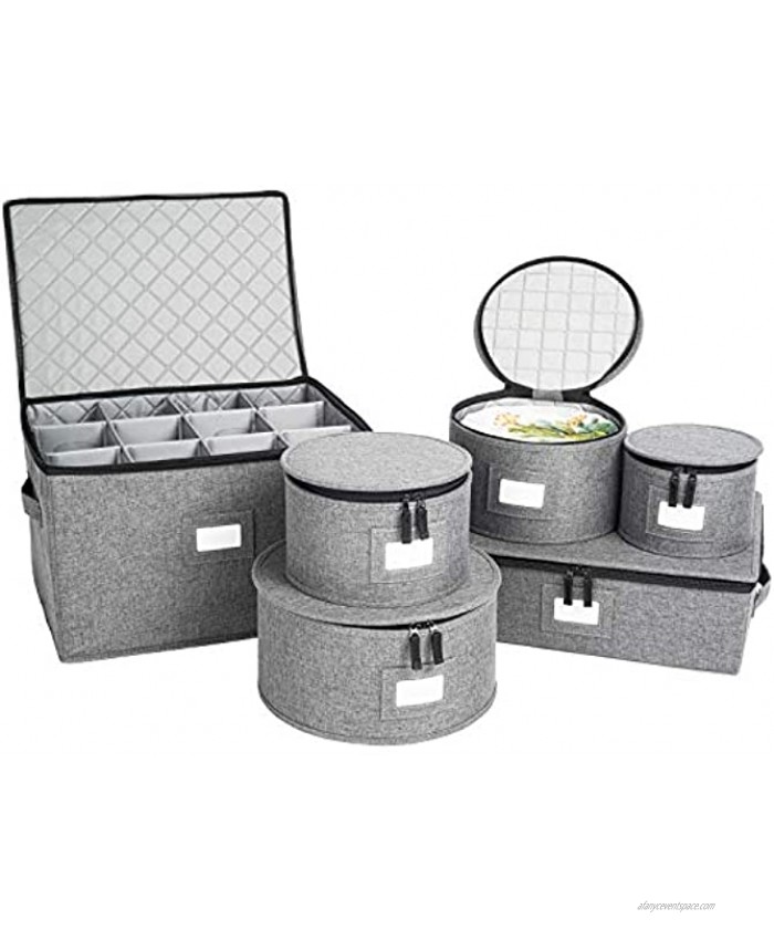 China Storage Set Hard Shell and Stackable for Dinnerware Storage and Transport Protects Dishes Cups and Wine Glasses Felt Plate Dividers Included Grey Stemware Storage Included