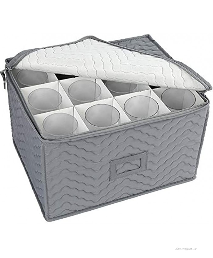LotFancy Stemware Storage Container Deluxe Quilted Storage Case with Dividers for 12 Wine Glasses Champagne Flutes Glassware Drinkware Storage Chest 15.5”x12.5”x 10” Gray