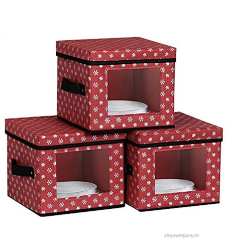 SONGMICS Holiday Dinnerware Storage Dinnerware Box with Lid Handles Felt Dividers Set of 3 Foldable for Christmas New Year's Eve Party Flake Pattern Red URFB029R02