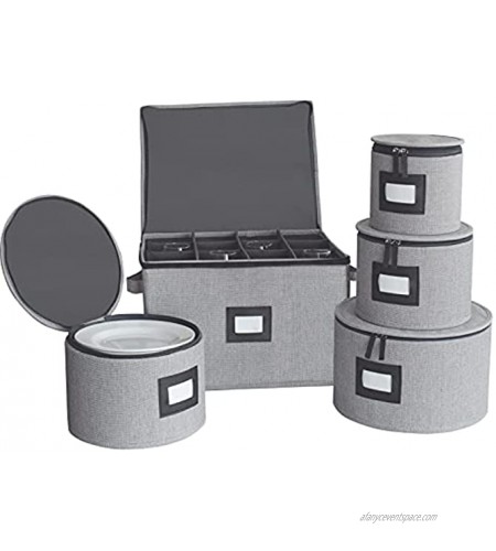 Stemware Storage Box with Dividers and China Storage Set-China Storage Containers,Hard Shell and Stackable,Dinnerware Sets Storage Dividers Box for Dishes,Plates,Wine Glass Felt Plate Dividers Included Grey 5 Piece Set