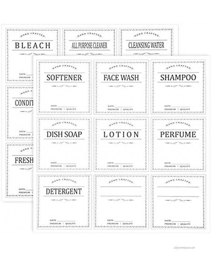 108 Pieces 3 x 3 Inches Waterproof Removable Labels Stickers White Printed Waterproof Labels 18 Kinds Soap Lotion Dispenser Labels Farmhouse Label Stickers for 16oz Spray Bottles Kitchen Bathroom