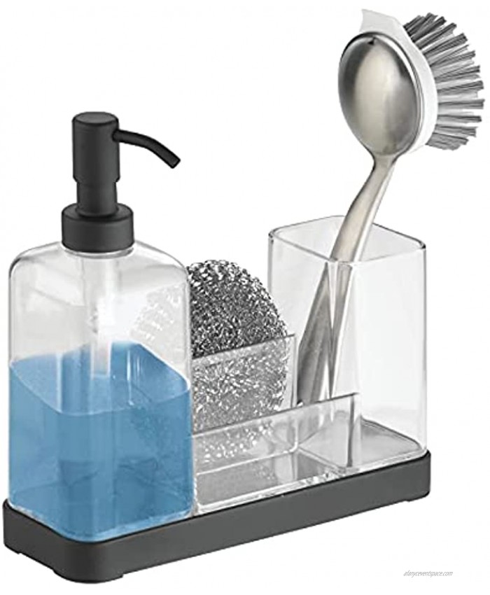 mDesign Modern Plastic Kitchen Sink Countertop Liquid Dish Soap Dispenser Pump Bottle Caddy with Storage Compartments Holds and Stores Sponges Scrubbers and Brushes Clear Matte Black