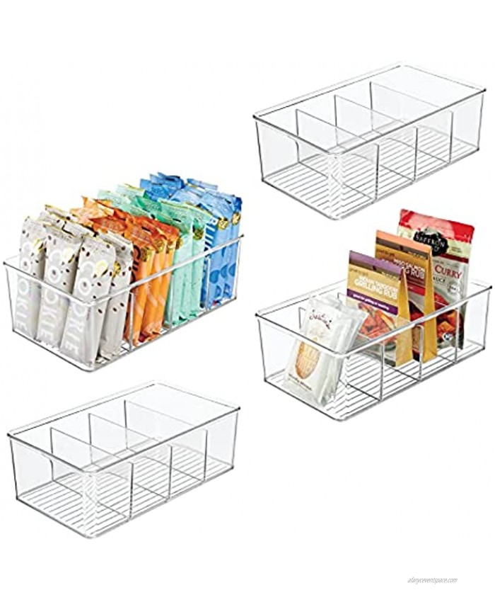 mDesign Plastic Food Storage Organizer Bin Box Container 4 Compartment Holder for Packets Pouches Ideal for Kitchen Pantry Fridge Countertop Organization 4 Pack Clear