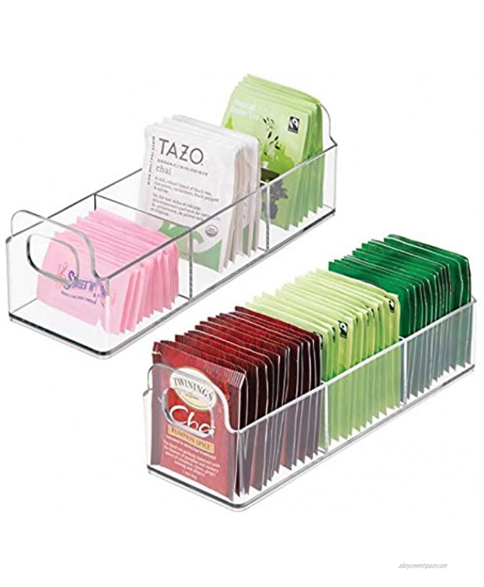 mDesign Plastic Kitchen Pantry Medicine Cabinet Countertop Organizer Storage Station Tea Caddy Holder Holds Beverage and Tea Bags Sweetener Individual Packet Condiments 9 Long 2 Pack Clear