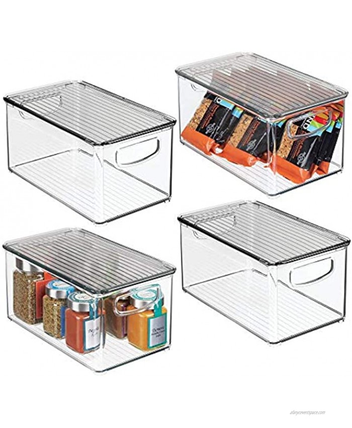mDesign Plastic Stackable Kitchen Pantry Cabinet Refrigerator Freezer Food Storage Box with Handles Lid Organization for Fruit Jars Snacks Pasta 10 Long 4 Pack Clear Smoke Gray