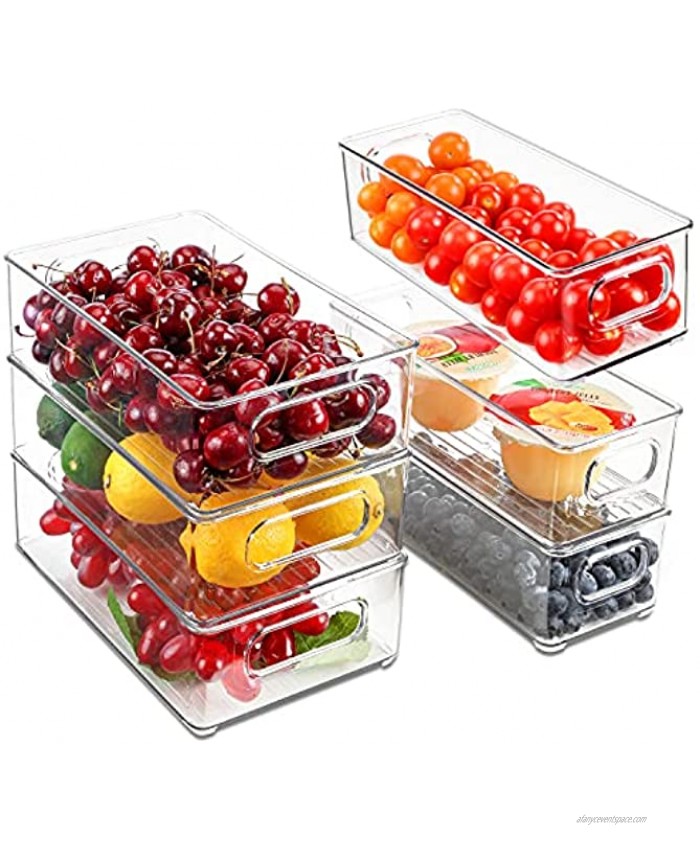 Refrigerator Organizer Bins BS One Set of 6 Stackable Fridge Storage Bins with Cutout Handles 3 Large and 3 Medium Clear Plastic Organizer Bins for Pantry