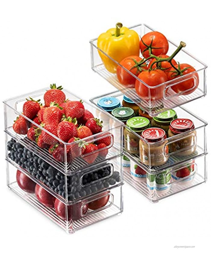Set Of 6 Refrigerator Organizer Bins Stackable Fridge Organizers with Cutout Handles for Freezer Kitchen Countertops Cabinets Clear Plastic Pantry Food Storage Rack