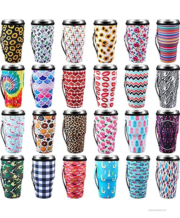 24 Pieces Iced Coffee Cup Sleeves Reusable Iced Coffee Cup Cover Neoprene Insulated Cup Sleeves Drinks Sleeve Holder for 30-32 oz Iced Coffee Cup Cold Hot Beverages Drinks 24 Styles