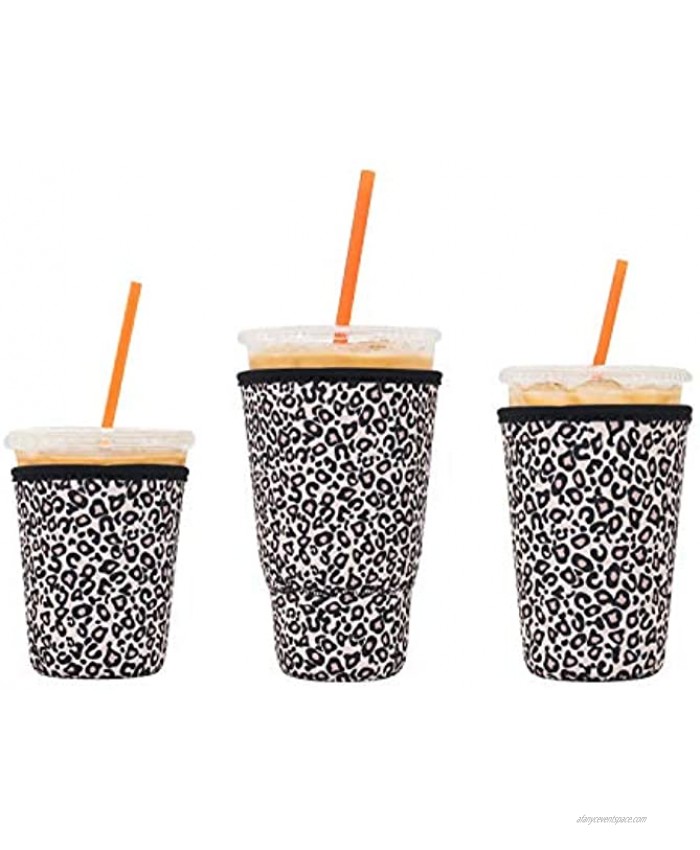 3 Pack Reusable Iced Coffee Sleeves LOVAC Insulator Sleeve for Cold Beverages Neoprene Cup Holder for Starbucks Coffee Dunkin Coffee，More Leopard print
