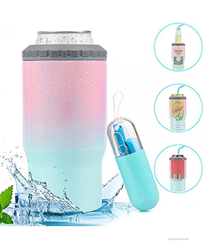 4-in-1 Skinny Can Cooler for Slim Can Cooler Beer & Hard Seltzer | Stainless Steel Double Walled Vacuum Insulated Can Holder Fits 12oz Bottle & Can Non-Slip with Straw Pink