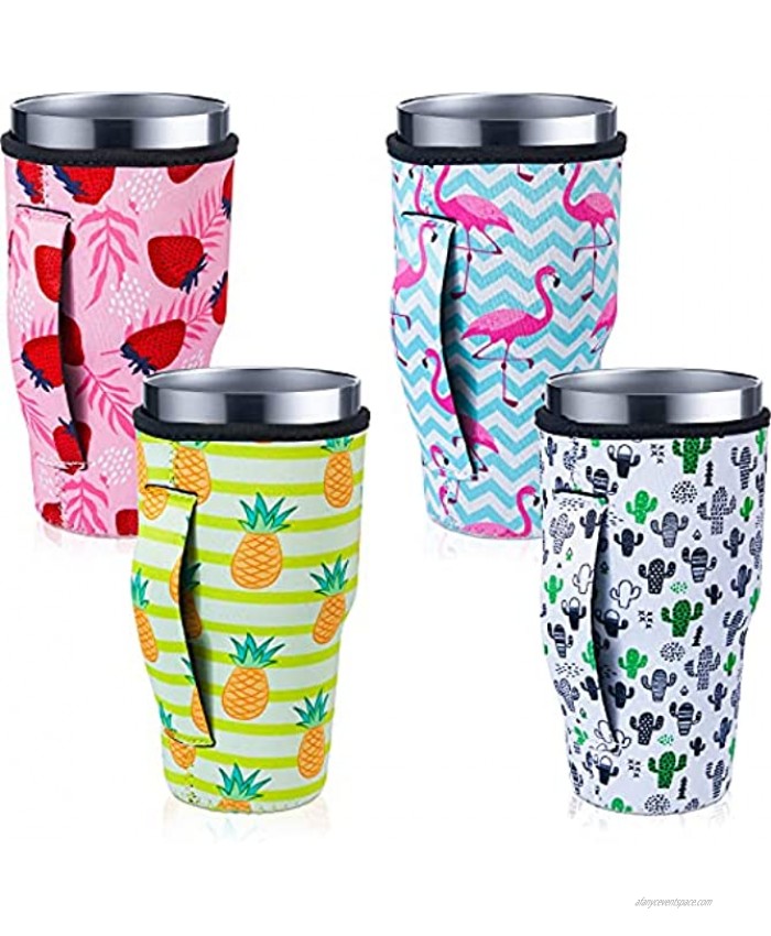 4 Pieces Iced Coffee Cup Sleeves with Handle Reusable Neoprene Insulated Sleeves Cup Cover Holders Drinks Sleeve Holder for 30-32 oz Cold Hot Beverages