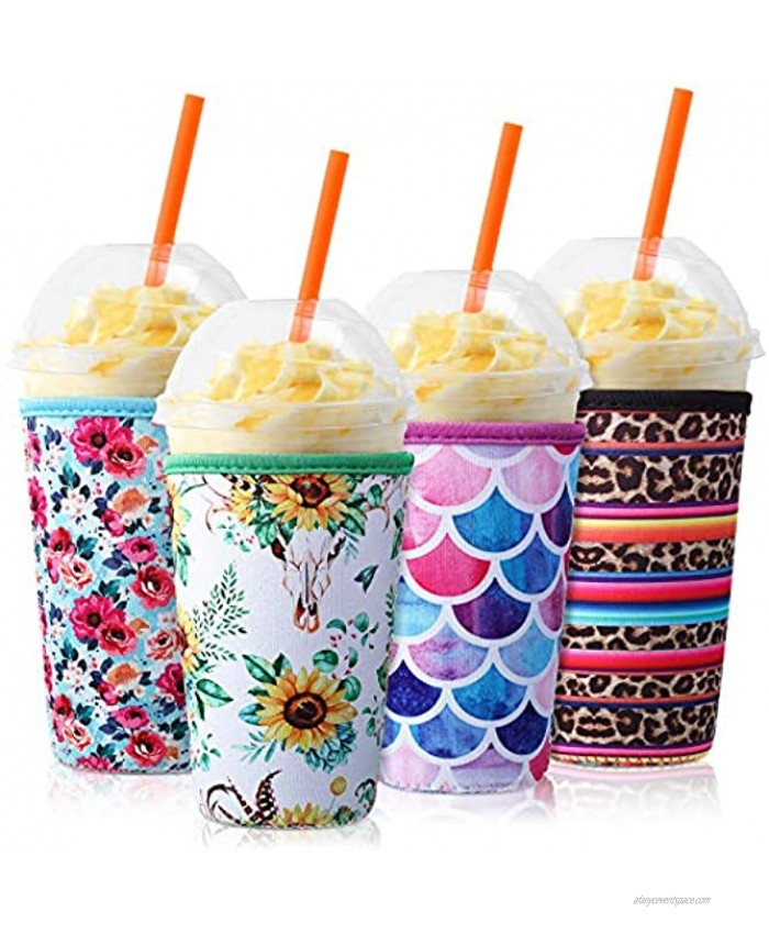 4 Pieces Reusable Coffee Sleeve Neoprene Cup Holders Drinks Insulator Sleeve for Cold and Hot Beverages 4 Styles 32 oz