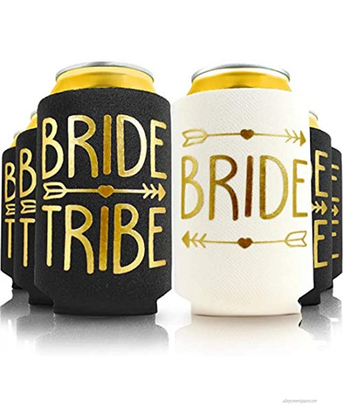 6pc Set. Bride Tribe and Bride Drink Coolers for Bachelorette Party Bridal Shower and Wedding. 4mm Thick Bottle Sleeves Can Coolies Beverage Insulators 6pc Set Black & Gold