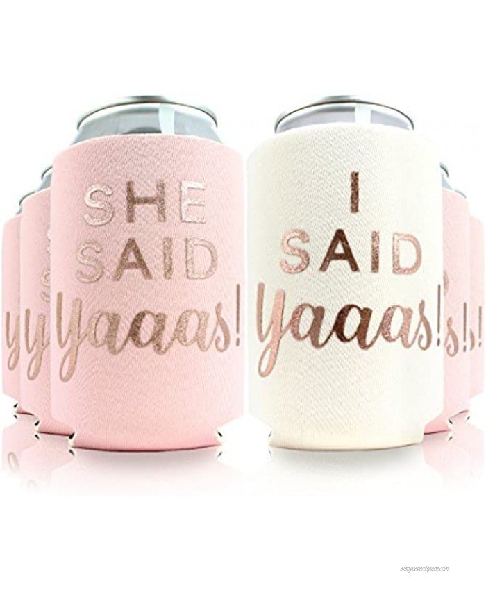 6pc Set She Said Yaaas! & I Said Yaaas! Drink Coolers. Bachelorette Bridal Shower Wedding. 4mm Thick Bottle Sleeves Can Coolies Beverage Insulators 6pc Set Blush & Rose Gold