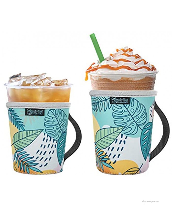 Beautyflier Pack of 2 Reusable Iced Coffee Cup Insulator Sleeve with Handle for Cold Beverages 16-22oz Neoprene Holder for Starbucks Coffee Dunkin Donuts Pattern2