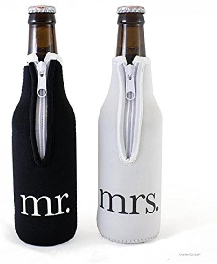 Bridal Shower Gift Mr and Mrs Wedding Beer Bottle Coolies Black and White Set of 2