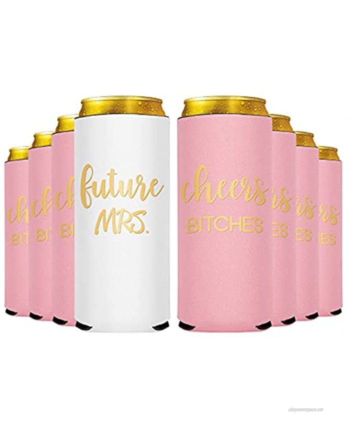 Bride & Bridesmaid Skinny Beer Can Coolers Sleeves 12 oz Slim Insulated Can Sleeves for Bachelorette Party Bridal Shower Wedding Best Man Gift Bridesmaid Proposal 8 Pink White