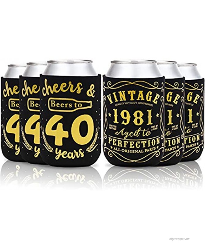 Cheers & Beers to 40 Years Can Sleeves Vintage 1981 40th Birthday Party Favor Decorations Supplies Can Cover Beer Sleeves Black and Gold Neoprene Sleeves for Soda Beer Can Beverage Set of 12