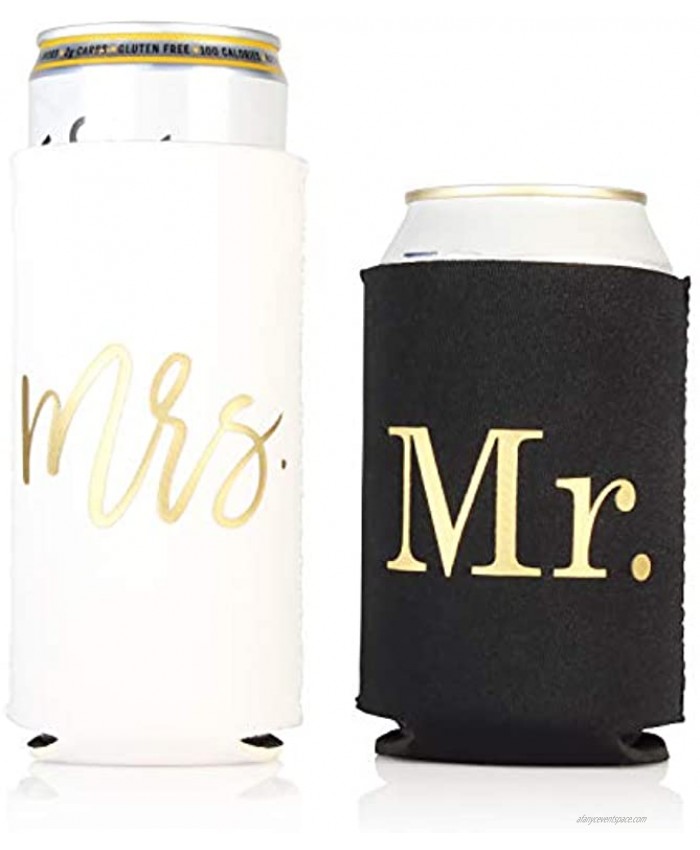 Couples Can Cooler Set for Newlyweds Engaged Wedding Honeymoon Gold Foil Print Mr Standard and Mrs Slim