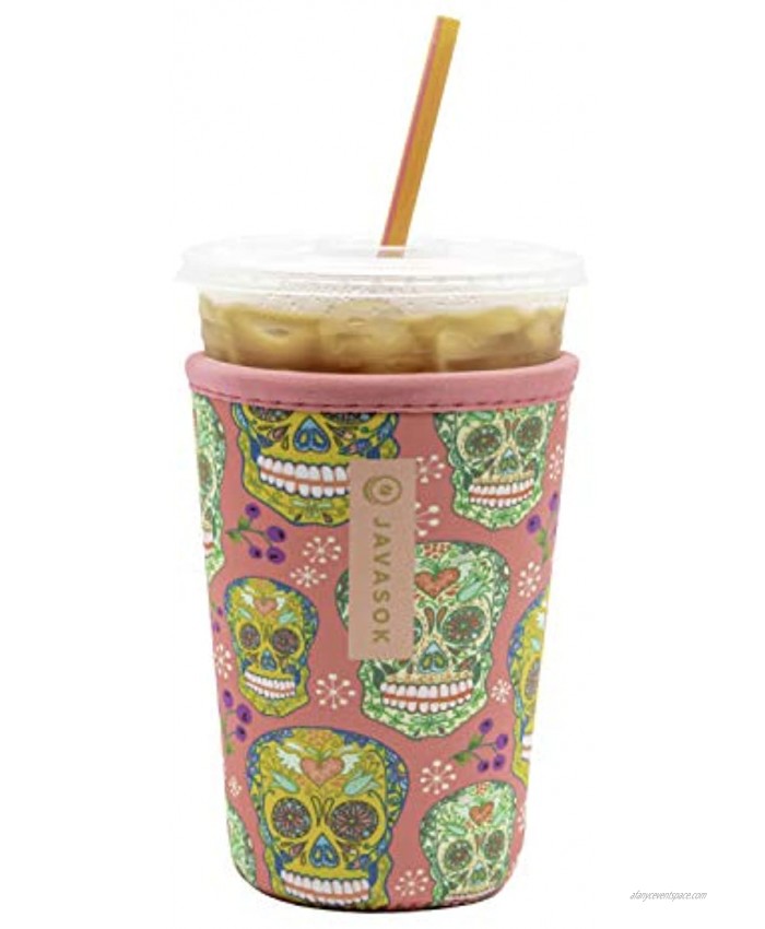 Java Sok Reusable Neoprene Insulator Sleeve for Iced Coffee Cups Pink Sugar Skulls Medium 24-28oz