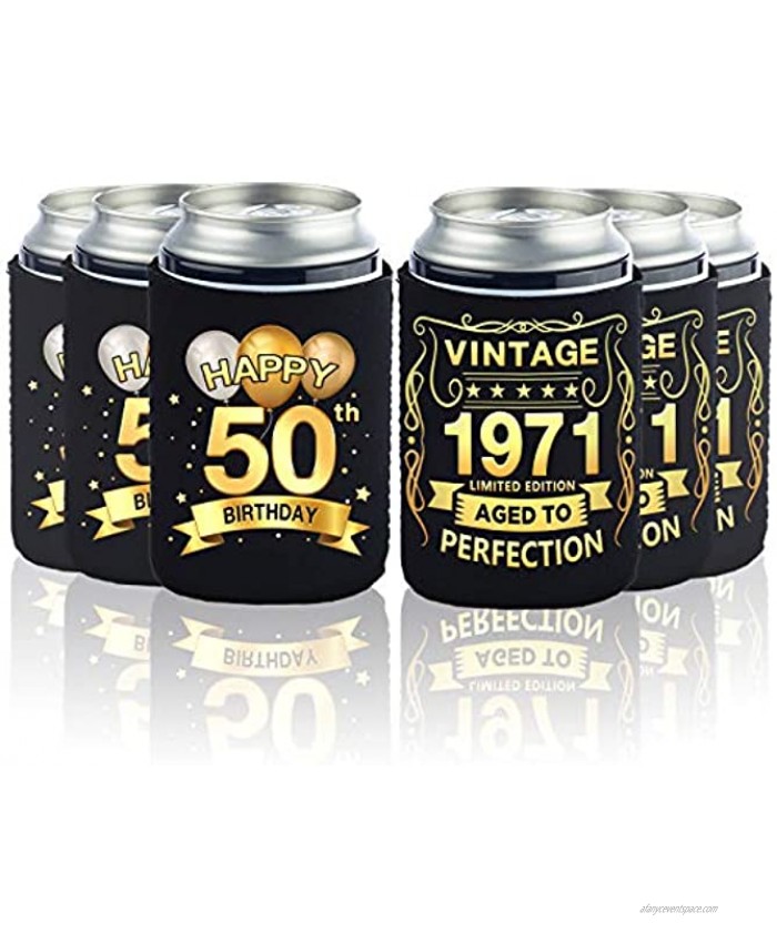 OuToorDoor Greatingreat 50th Birthday Can Cooler Sleeves Pack of 12-50th Anniversary Decorations- Vintage 1971-50th Birthday Party Supplies Black and Gold Fiftieth Birthday Cup Coolers