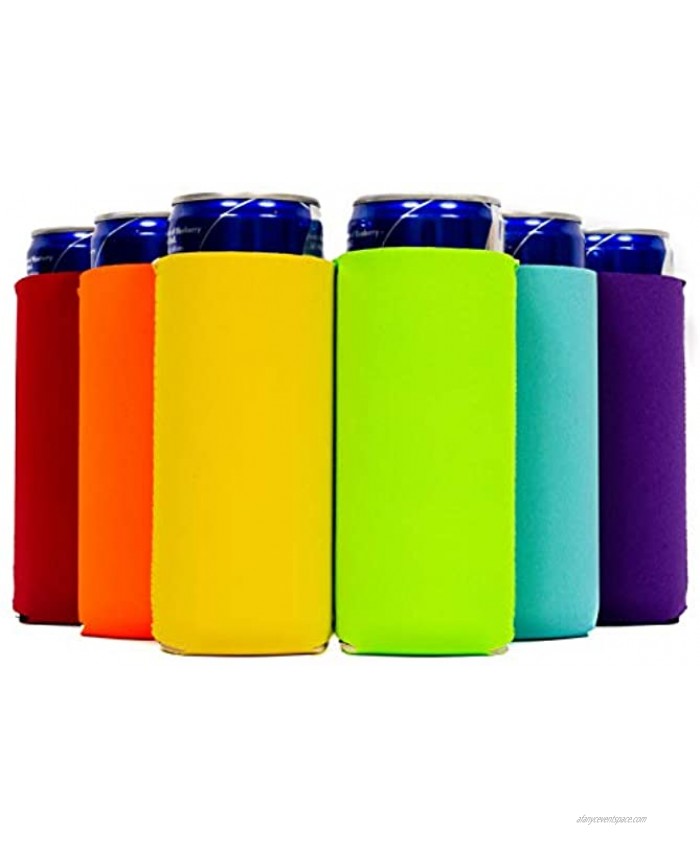 QualityPerfection 6 Slim Can Cooler Sleeves Neoprene 12oz Beer Energy Drink Blank Skinny Coolie 6 Bright Colors Red,Orange,Yellow,N.Green Light Blue Purple 6 Multi